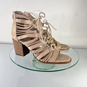 Vince Camuto Kaiann Heel Sandal Nude Suede Leather Lace Up Block Heel